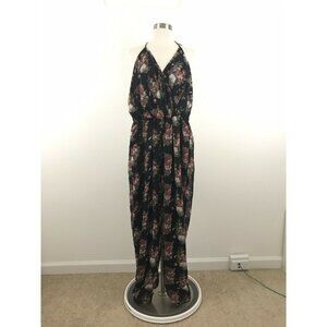 Tobi Womens Medium Jumpsuit Chiffon Floral Black Halter Neck